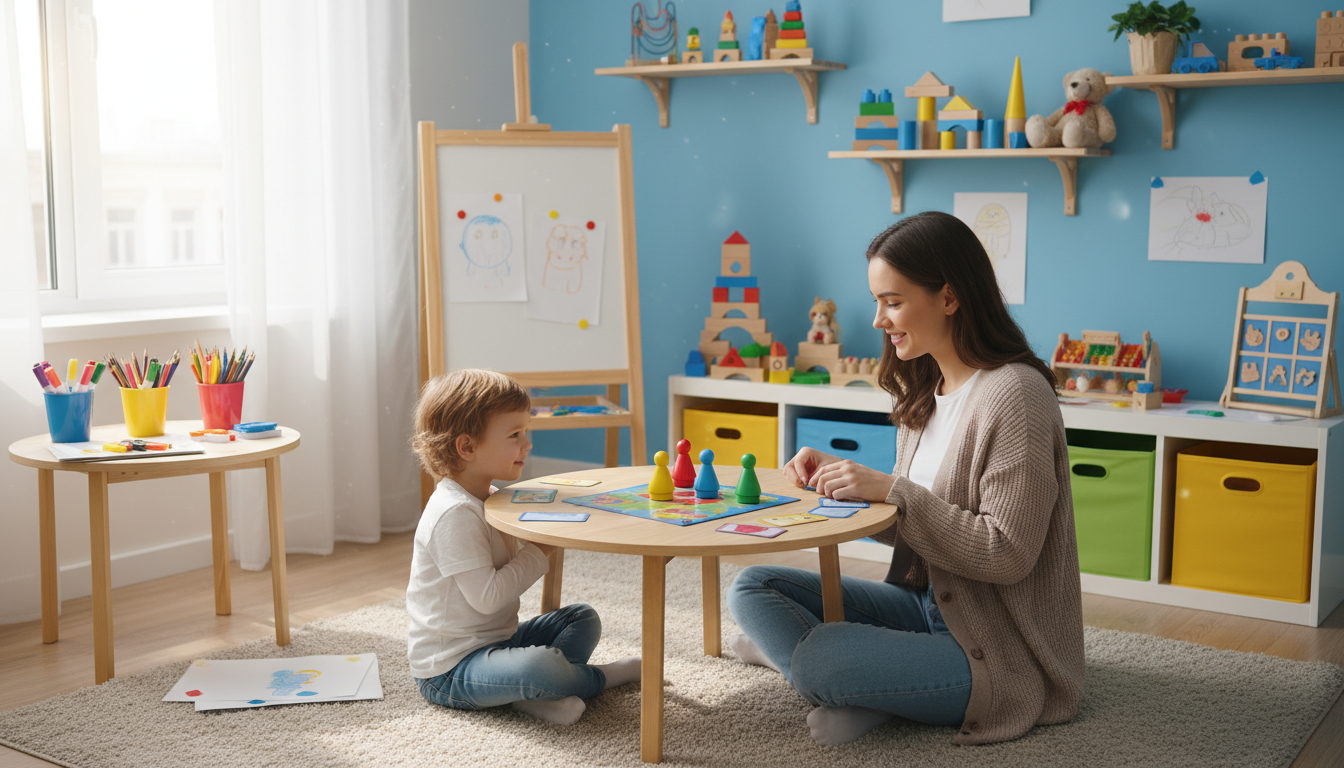 Child psychologist working with a young child in a welcoming therapy room